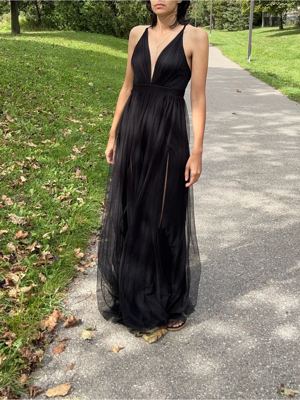 Elegant Black V-Neck Maxi Tulle Dress by Honey